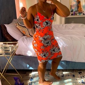 Neon Coral Floral Midi Bodycon Dress